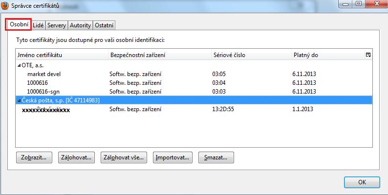 import osobního certifikátu do úložiště FireFox.
