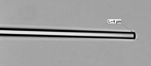 Obr. 5.8: Mikrofotografie zalomené špičky o průměru 4 µm Kónicky tvarovaná vlákna zmenšují poloměr jádra a i reflexní úhel ϕ na rozhraní jádra s pláštěm, jak je znázorněno na obrázku 5.9.