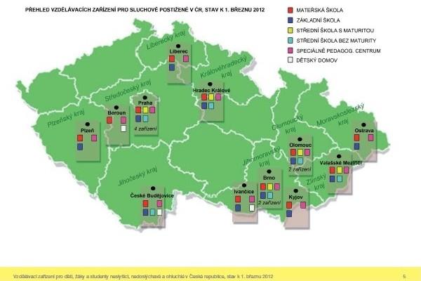 Obrázek 1 Vzdělávací zařízení pro děti, žáky a studenty neslyšící, nedoslýchavé a ohluchlé v ČR V České republice jsou školy pro SP v těchto městech: Praha (tři školy - Ječná, Výmolova, Holečkova),