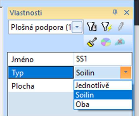Dále přes Strom > Konstrukce > Výpočtová data > Podpora > Plošná (pružné podloží) vybereme Typ podloží a označíme příslušnou plochu.
