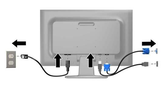 5. Jeden konec síťového kabelu zastrčte do napájecího konektoru v zadní části monitoru a druhý konec do elektrické zásuvky ve zdi. VAROVÁNÍ!
