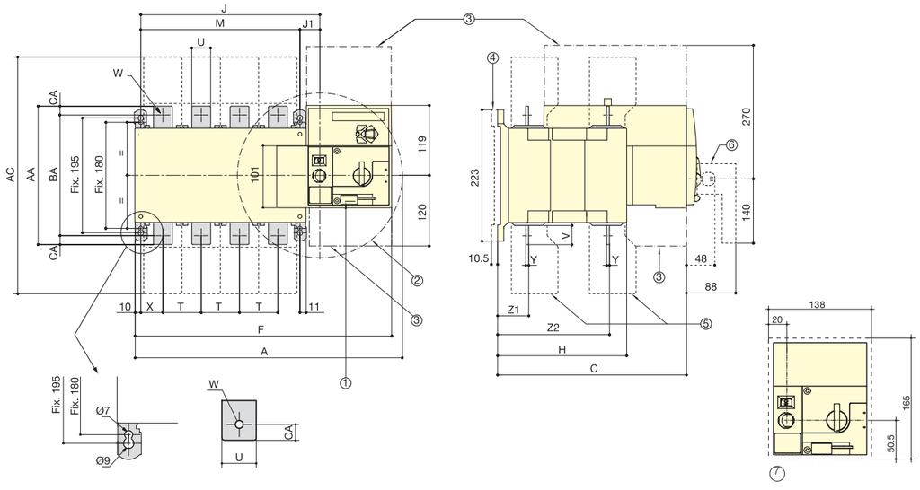 6. Instalace 6.1 Rozměry zařízení 6.1.1. Rozměry - Konstrukční velikost B3 až B5 (125A 630A) 1.