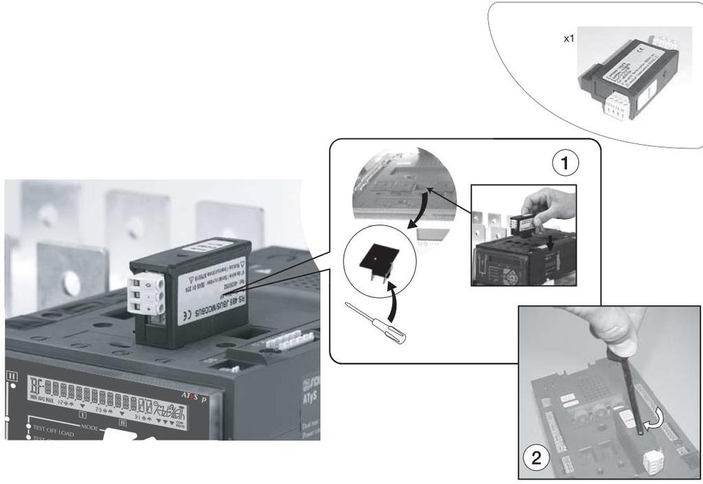 6.4. Instalace volitelných přídavných modulů ATyS p Komunikační modul RS485 MODBUS Připojení RS485 s protokolem MODBUS (rychlost až 38400 baudů) Komunikační modul ETHERNET s bránou RS485 MODBUS