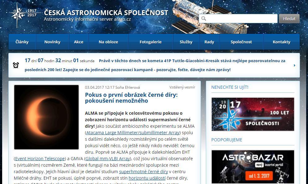 Server astro.cz Server Astro. cz je hlavním astronomickým a kosmonautickým informačním kanálem pro veřejnost a média. V roce 2015 oslavil 20 let své existence (založen 15. května 1995).