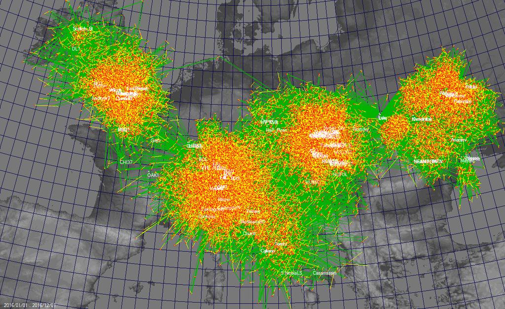 Plošná projekce atmosférických drah v databázi EDMOND (2016) Přehled radiantů jednotlivých