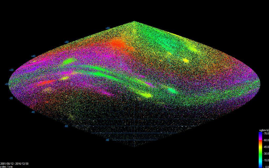 Přehled radiantů jednotlivých vícestaničních meteorů v databázi EDMOND v5.