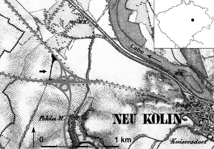 DOBE UMBEROVÁ: Sídli tní objekty stfiedního eneolitu z obchvatu Kolína 311 Obr. 1. Kolín, okr. Kolín. Levobřeží Labe s vynesenou trasou části obchvatu města.