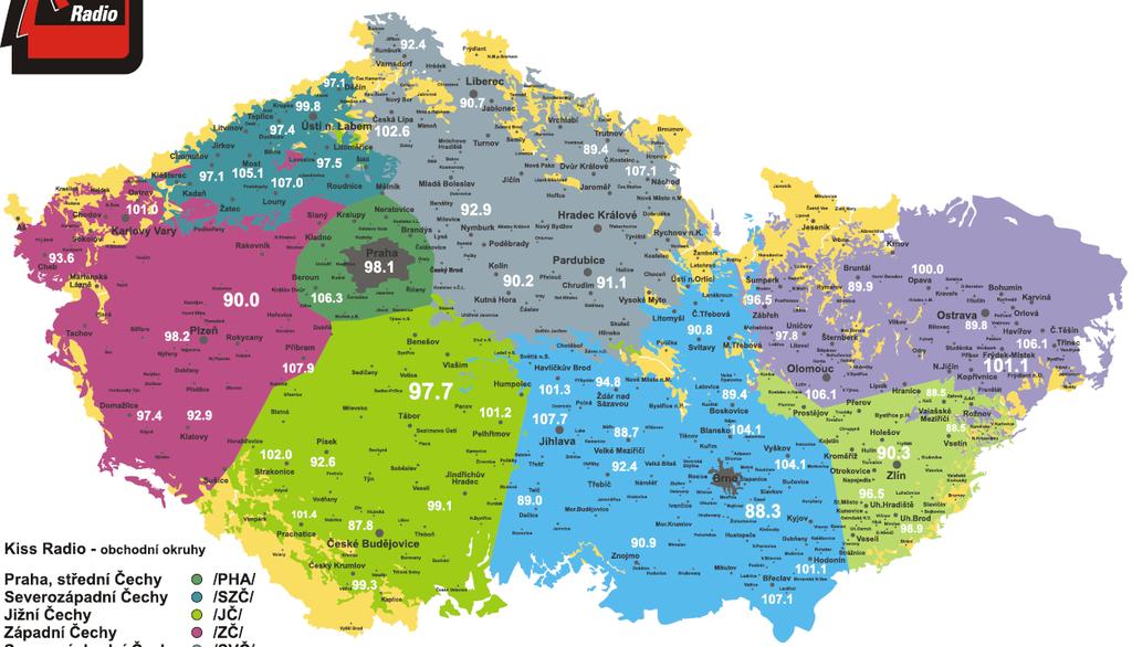 Radio Kiss mapa pokrytí Seznam okruhů regionálních odpojení: