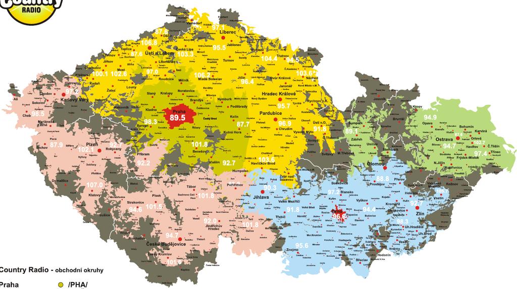 Country Radio mapa pokrytí Seznam okruhů regionálních odpojení: PRAHA A STŘEDNÍ ČECHY: Praha 89,5 FM / 1062 MHz; Kutná Hora 87,7 FM; Mladá Boleslav 106,2 FM; Benešov 101,8 FM; Beroun 98,3 FM