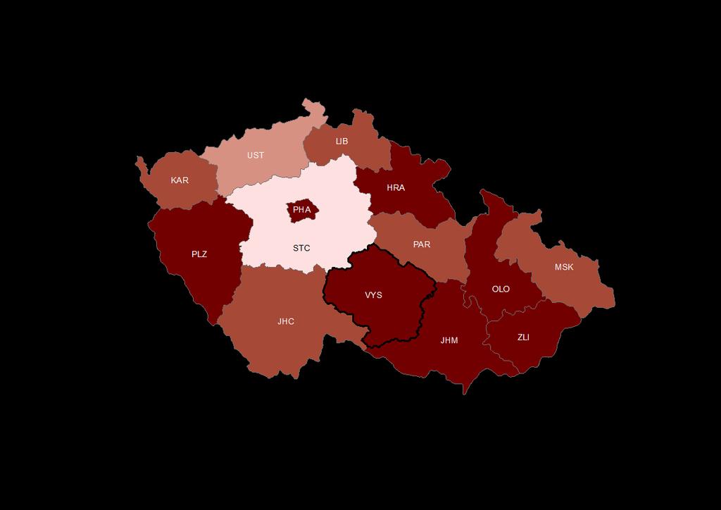 Věková struktura obyvatelstva: Regionální přehled indexu stáří v roce 214 Kraje Kraj: Index stáří 5 1 15 Hl. m.