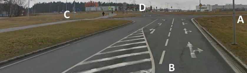 Obr.3: Pohled na křižovatku z ramene B (šířky průběžných jízdních pruhů 3,00 m, šířka odbočovacího pruhu 3,25 m, vodící proužky 0,50 m, pravé nároží složený oblouk s poloměry 30,00 m a 4,00 m) Obr.
