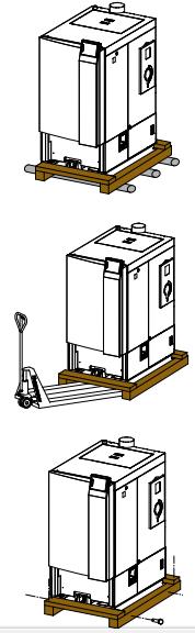 6 Umístění Nabízí se více možností, jak kotel dopravit do kotelny T I P Bezpečný transport na místo instalace při přepravě nechejte přepravní paletu přimontovanou přeprava kotle rolováním používejte
