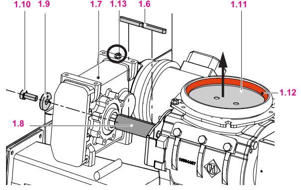 8) odvzdušňovací šroub musí ukazovat směrem NAHORU od motoru převodovky vyjměte transportní šroub a namontujte odvzdušňovací šroub (1.