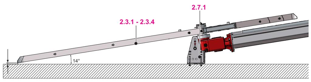 11.5 Upevnění převodovky vynašeče k podlaze U P O Z O R N Ě N Í před upevněním vynašeče k podlaze skladu je nejprve potřeba zkontrolovat nastavení výšky a polohu převodovky vynašeče ramena (2.