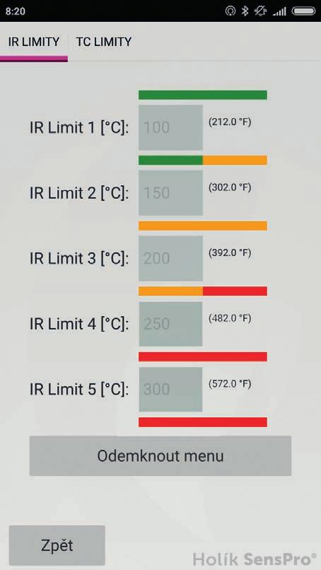 CS 5.3. Bargraf nastavení IR limity a TC limity Toto okno číselně i vizuálně zobrazuje při jakých hraničních teplotách bargraf rukavice mění barvy LED diod.