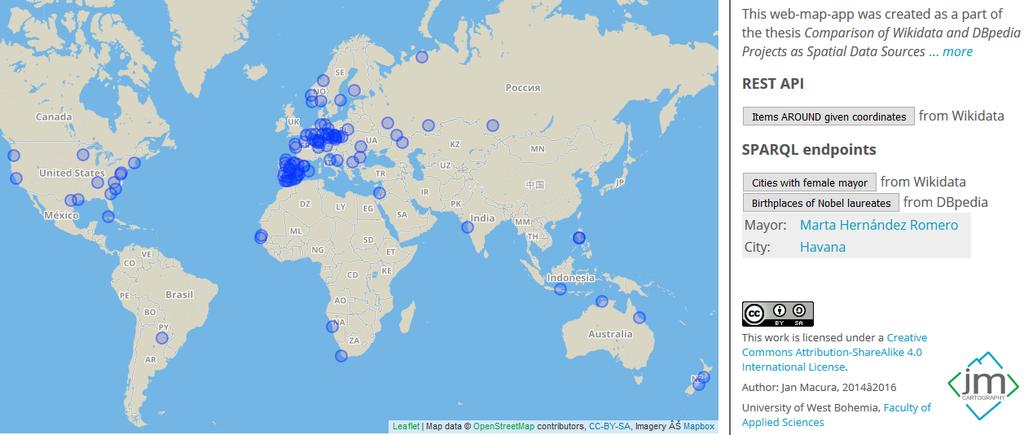 19 }}) ; Obrázek 10: Webová mapa zobrazující města, jež mají v čele ženu. 4.4.3 Dotaz přes DBpedia SPARQL endpoint Rozhraním pro vzdálený přístup k datům v databázi DBpedia je opět SPARQL endpoint.