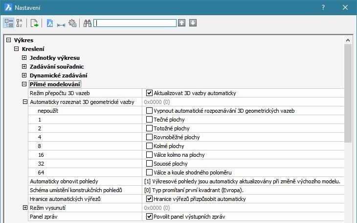 Nastavení přímého modelování BricsCAD > Panel nástrojů Přímé modelování Přímé modelování > Možnosti Modelovat > Přímé modelování > Možnosti Nástroj otevře dialogové okno Nastavení v kategorii Výkres