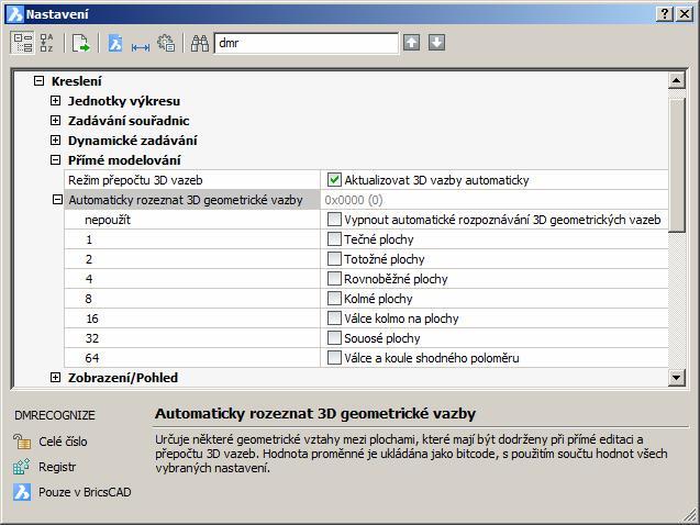 BricsCAD > Panel nástrojů Záměr návrhu Proměnnou můžete také nastavit v