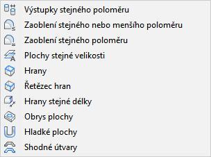 Chytrý výběr Modelovat > Chytrý výběr DMSELECT (_DMSELECT) BricsCAD > Panel nástrojů Záměr návrhu Nástroj umožňuje chytrý výběr hran a ploch těles nebo povrchů podle jejich geometrických parametrů.