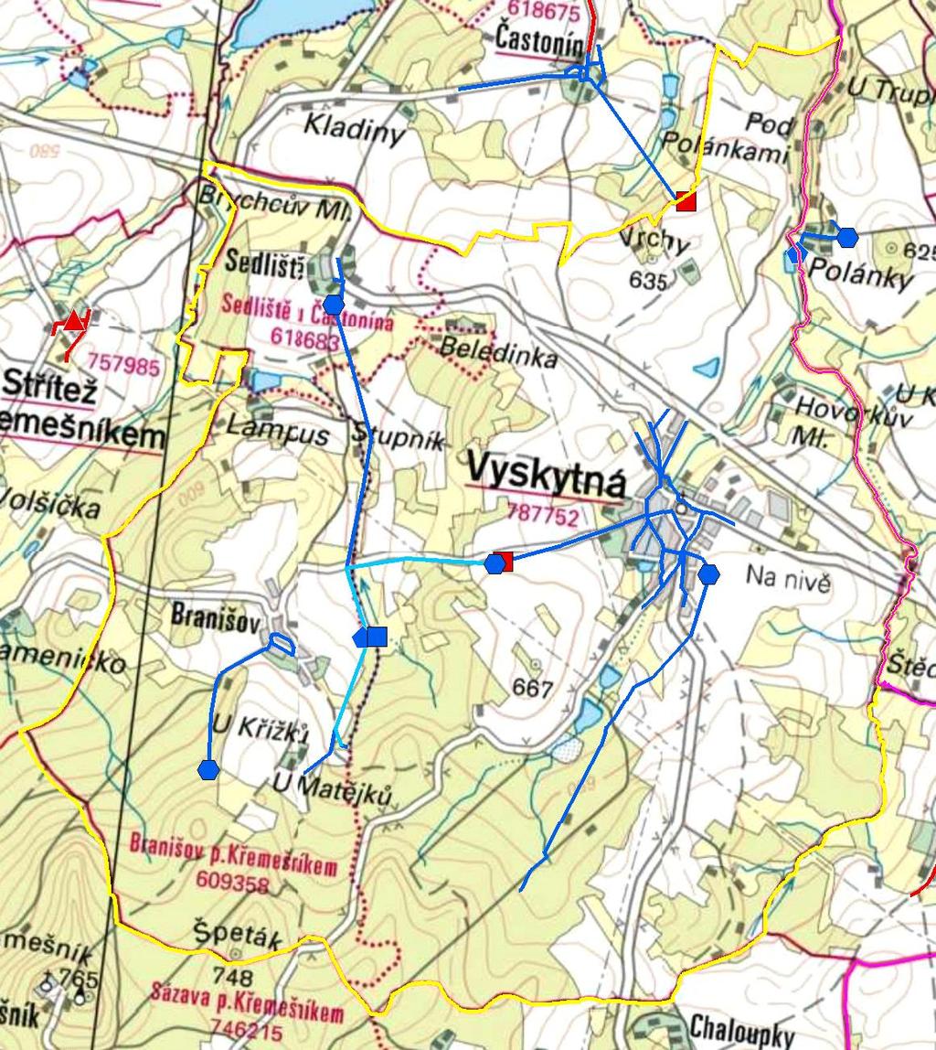 MAPA - VODOVODY Trasování sítí, lokalizace vodojemů, zdrojů, čerpacích stanic, ATS, ÚV Vodovodní řady Vodojem zemní