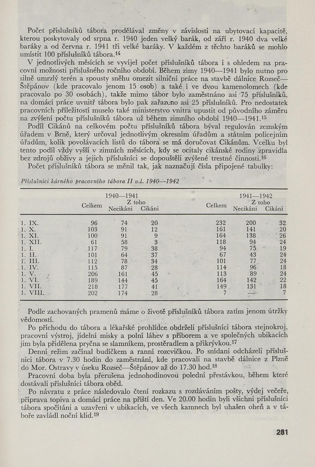 Počet příslušníků tábora prodělával změny v závislosti na ubytovací kapa kterou poskytovaly od srpna r. 1940 jeden velký barák, od září r. 1940 dva baráky a od června r. 1941 tři velké baráky.