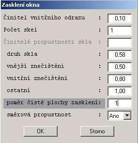 Světlík - špinavý polykarbonát: ρsvětlík = 0,1 [37] - zjednodušeně 2 desky plexiskla: τs,nor = 0,8 se vzduchovou mezerou [37], proto τs = τs,nor 2 = 0,8 2 = 0,64; τdif = 0,58 [37] - znečištění velké,