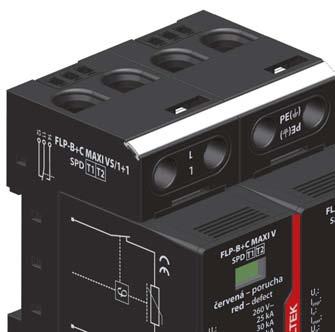 Svodiče bleskových proudů FLP-B+C MAXI V/1+1 FLP-B+C MAXI VS/1+1 SPD typ 1 a typ 2 kombinovaný svodič typ 1 a 2 vyjímatelný modul, optická signalizace poruchy Velmi výkonný svodič bleskových proudů