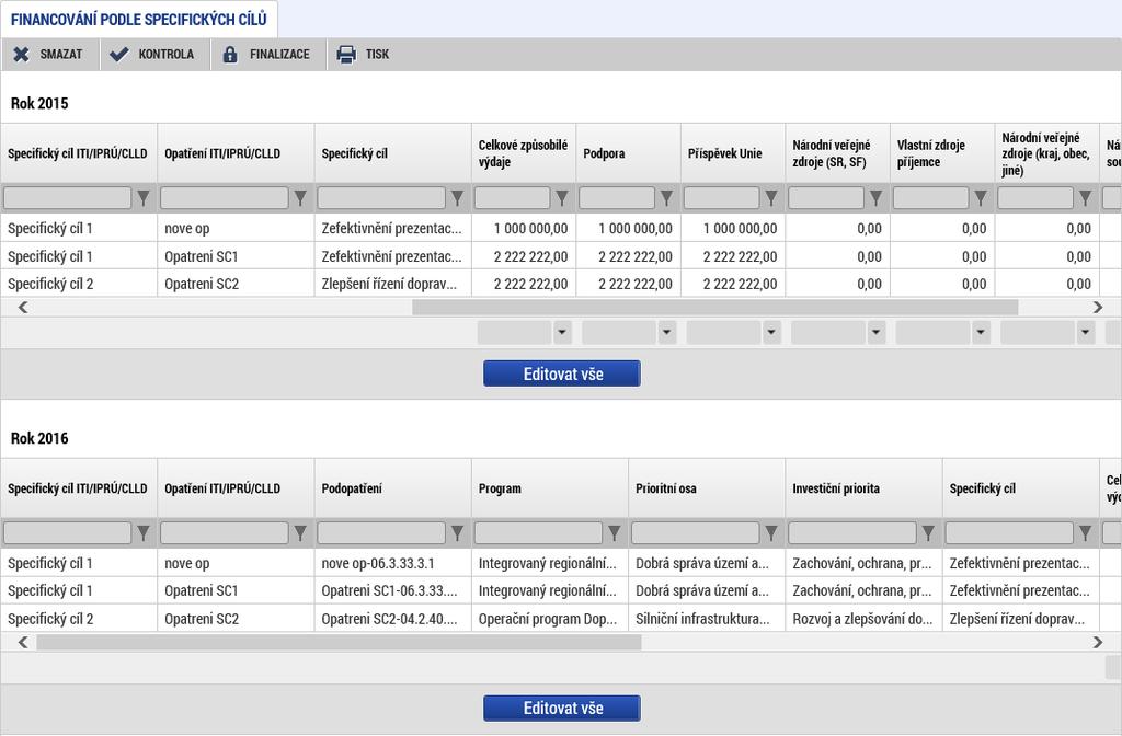 1.3.7 Financování podle specifických cílů Údaje finančního plánu se upravují pomocí tlačítka Editovat vše, částky se v tabulce sčítají stejně jako v žádosti o podporu ISg (CZV tvoří součet Podpory a