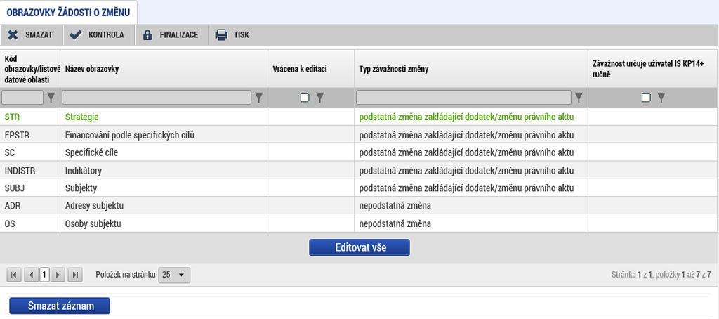 1.2 Editace žádosti o změnu Uživatel si ze seznamu zvolí konkrétní záznam ŽoZ ISg, který chce editovat. Obrazovky lze postupně editovat a kdykoliv během editace spustit finalizační kontrolu.