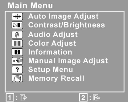 Postup úprav zobrazení monitoru: 1. Stisknutím tlačítka [1] zobrazte hlavní nabídku. VA1906ma-LED VA1906a-LED POZNÁMKA: Všechny nabídky a okna s nastavením OSD se automaticky po 15 sekundách zavřou.
