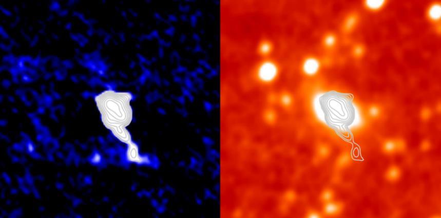 spektru ale celá situace vypadá jinak. Na snímku ARG0003bq8 dochází totiž k spojení dvou galaxií. Porovnání rádiového a IČ záznamu je vidět na Obrázku 7.