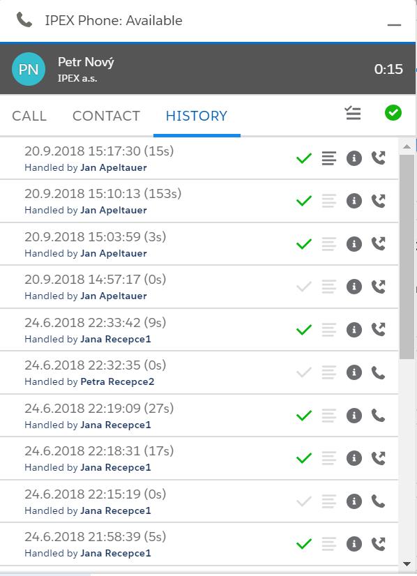 Popis okna hovoru historie V CTI okně na záložce historie je vidět historie telefonů s příslušnou kontaktní osobou přes všechny uživatele Salesforce. Tj.