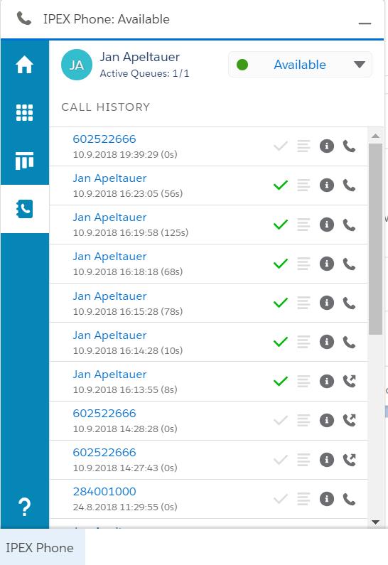 Ovládání přihlášení uživatele do front call centra Zobrazení všech hovorů uživatele v prostředí Salesforce (týká se hovorů realizovaných v okamžiku spuštěného Salesforce).