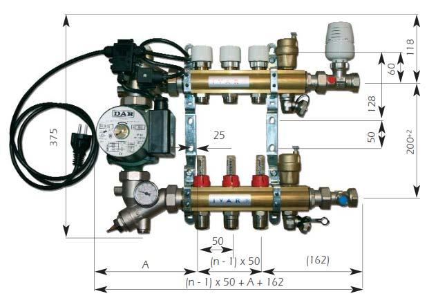 9) Technický nákres a rozměry sestavy: Rozměry jsou pouze informativní: n = počet cest otočení čerpadla čelně: pozice A = 165 mm stavební hloubka = 160 mm