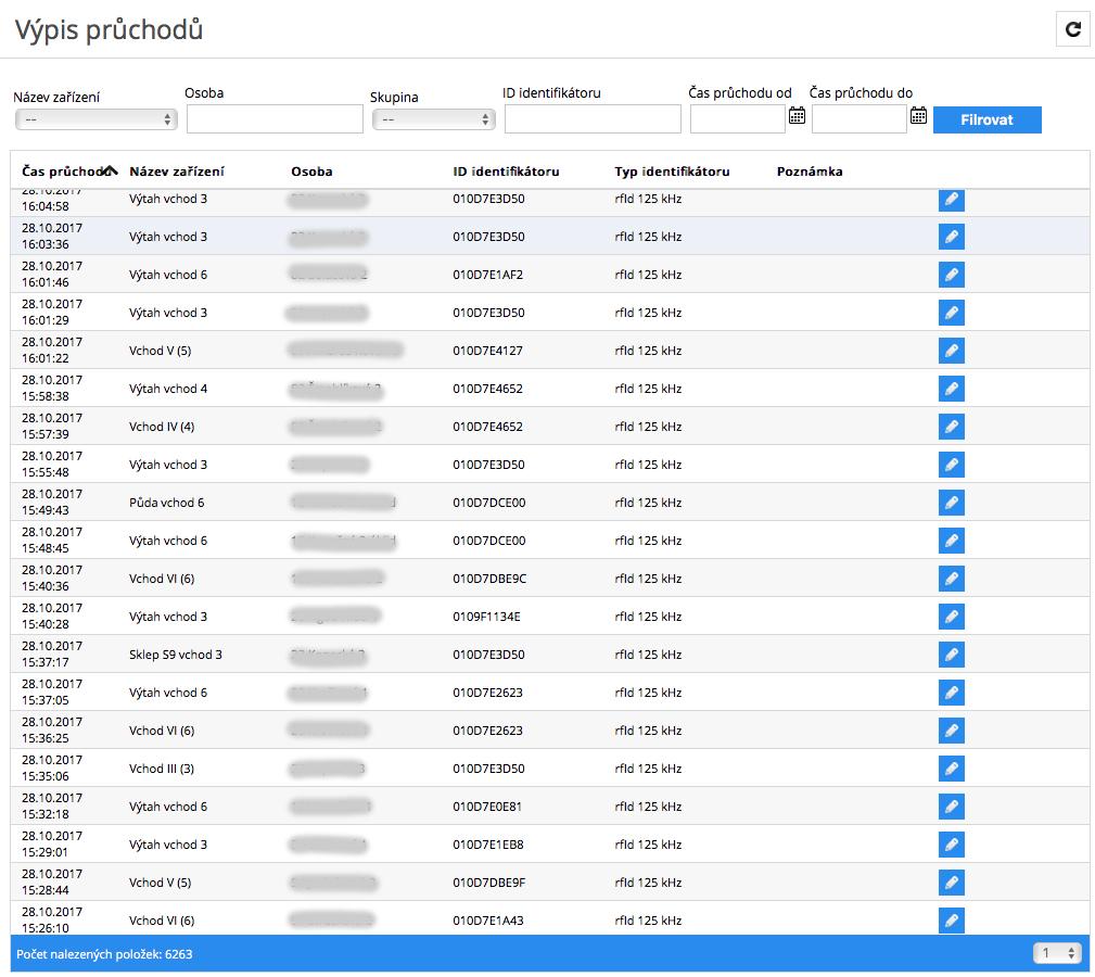 3.4. Výpis průchodů Přejděte na stránku Výpis průchodů v modulu Přístupový systém Přístupový systém => Výpis průchodů Po otevření stránky se objeví seznam všech průchodů, které jsou uloženy v