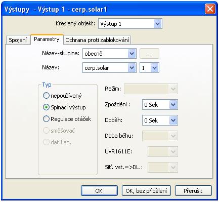 Funkční datové objekty / UVR1611 Výstupy Dvojitým kliknutím myši se dostanete do menu s parametry. Nejprve je kreslený objekt považován za nepoužívaný.