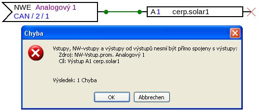 Spojení Neplatná spojení Pokud vytvoříte spojení, která nejsou dovolena, zobrazí se při pokusu o parametrizaci chybové hlášení. Pokud přesto kliknete na OK, můžete s parametrizací pokračovat.