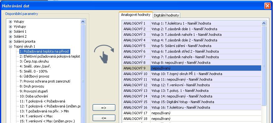 2. Používání šipek při přepisování nebo při mazání hodnot v pravém sloupci a) Vybrat typ dat v pravém sloupci (analogové / digitální).