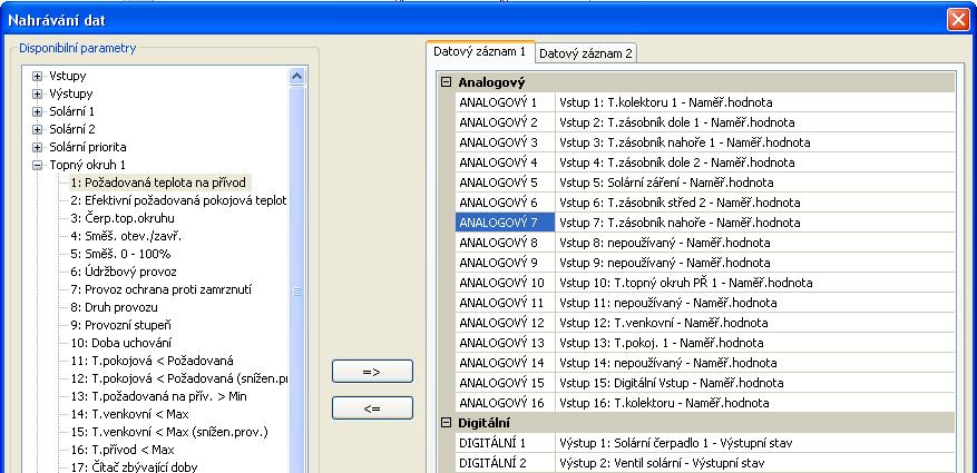 UVR 1611 Pro nahrávání dat ze sítě CAN mohou být volně definovány dva datové záznamy. Datový záznam obsahuje 16 analogových a 13 digitálních parametrů.