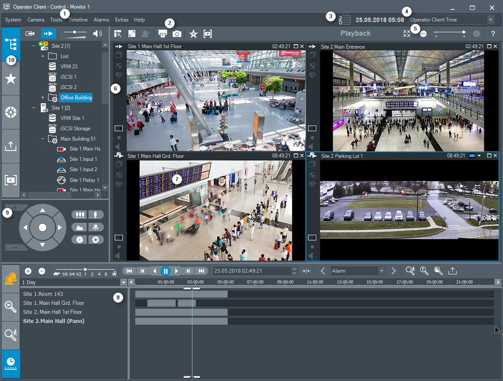 Bosch Video Management System Uživatelské rozhraní cs 101 Příkazy nabídek, stránka 110 Okno Logický Strom, stránka 121 Okno Strom Oblíbených Položek, stránka 121 Okno Ovládání PTZ, stránka 124 Okno