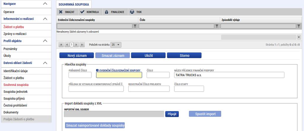 Systém zobrazí detail záložky SOUHRNNÁ SOUPISKA, kde neexistuje záznam