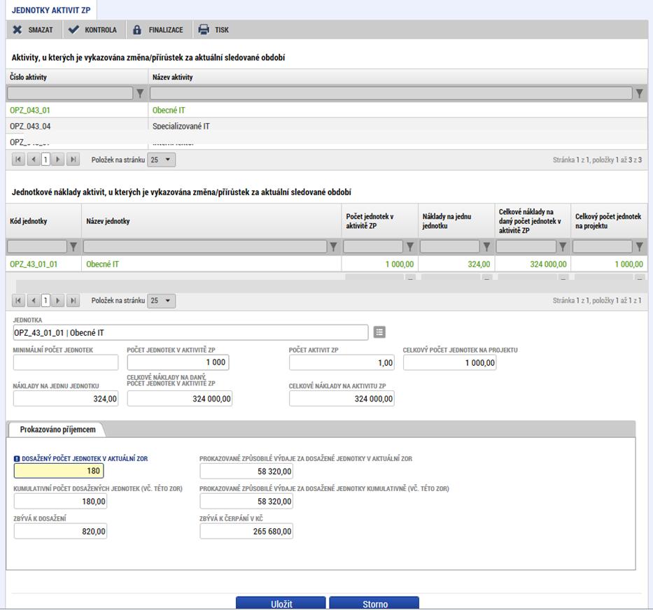 Počet dosažených jednotek v aktuálním sledovaném/monitorovacím období je 180 v aktivitě Obecné IT a 500 v aktivitě Specializované IT.
