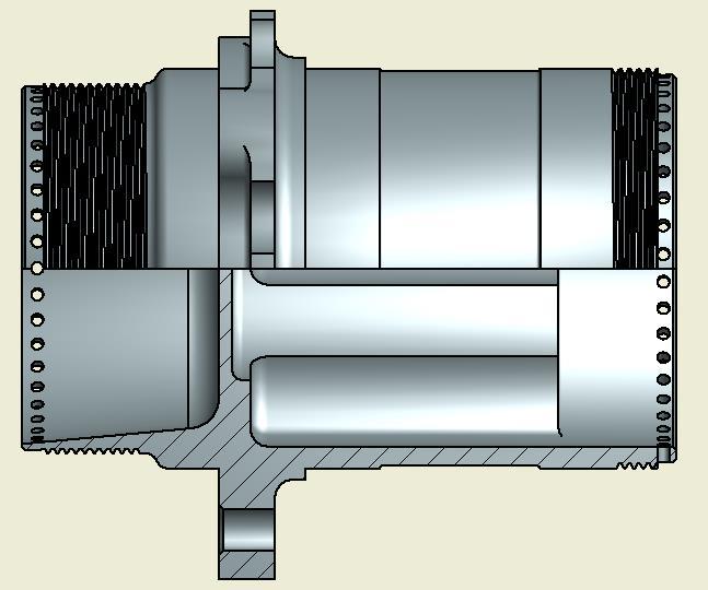 radiusem R4 na průměr 57,9 mm. Na konci je rovné čelo a přechod je opět řešen rádiusem R4. Ve zbylém materiálu jsou díry o průměru 8 mm a délce 82 mm. Tyto díry slouží pro odlehčení součásti.