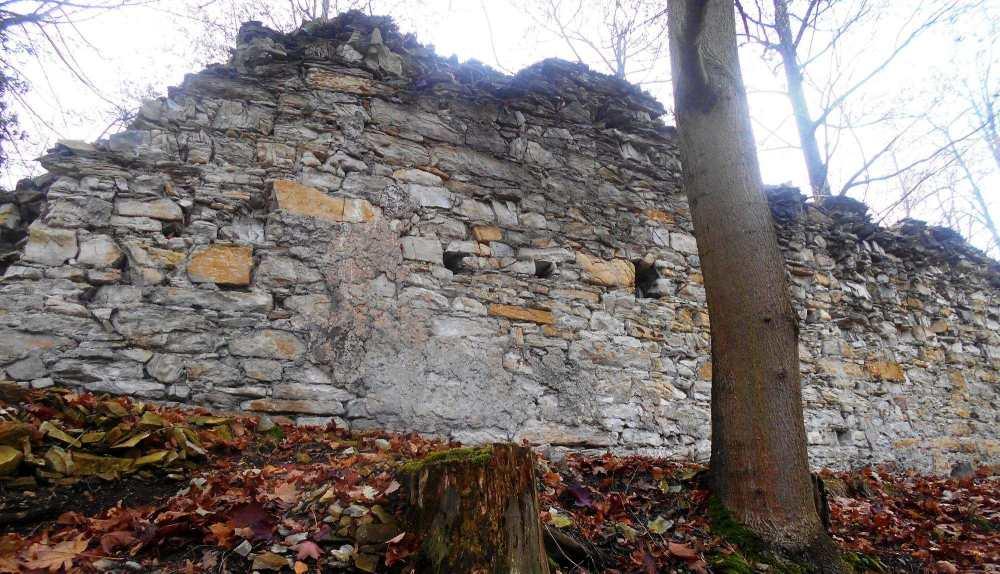 Obvodová hradba na severozápad s pozstatky omítky nejzachovalejší zbytek hradu (foto autor 2016). žil, tudíž lze pedpokládat njaké panské sídlo.