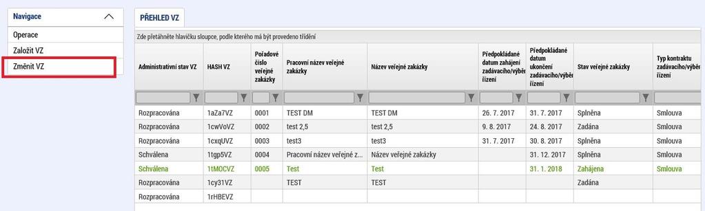 Uživatel se vrátí na záložku Veřejné zakázky, kde se