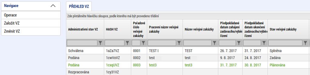 K dispozici má pod levým menu možnosti Založit VZ nebo Změnit VZ. Novinkou je také Administrativní stav VZ a HASH VZ.