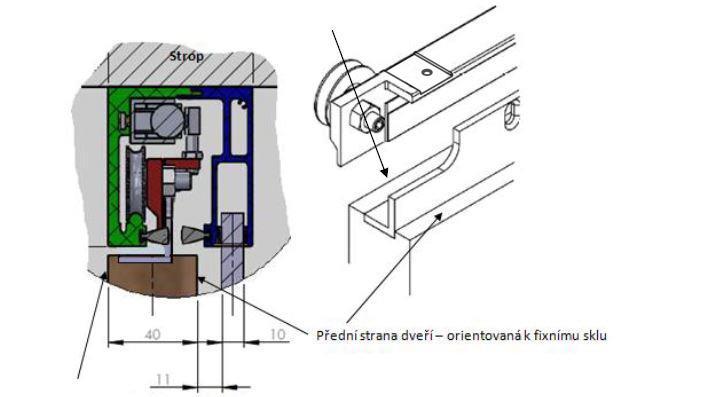 Montáž vozíčků a úchytu pro skleněné dveře je stejná, jako u provedení bez fixu Montáž úchytu pro dřevěné dveře se oproti montáži TRIX HEAVY bez fixu liší otočením úchytu dřevěných dveří (L profilu)