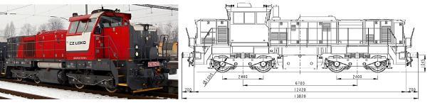 d) Řada 742.7 Obrázek 70 - Typový náčrt a fotografie lokomotivy řady 753.7 Lokomotiva vznikla komplexní modernizací původní řady ČKD 740, 741 nebo 742 ve firmě CZ LOKO.