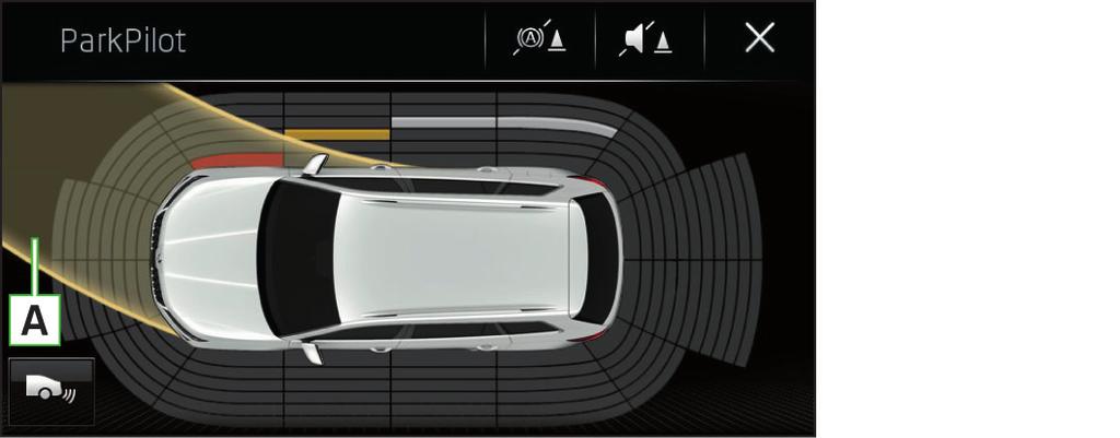 Parkovací asistenční systémy Pomoc při parkování Sledování okolí (Area View) Systém během manévrování upozorňuje zvukovými signály a barevnými značkami na displeji infotainmentu na překážky v