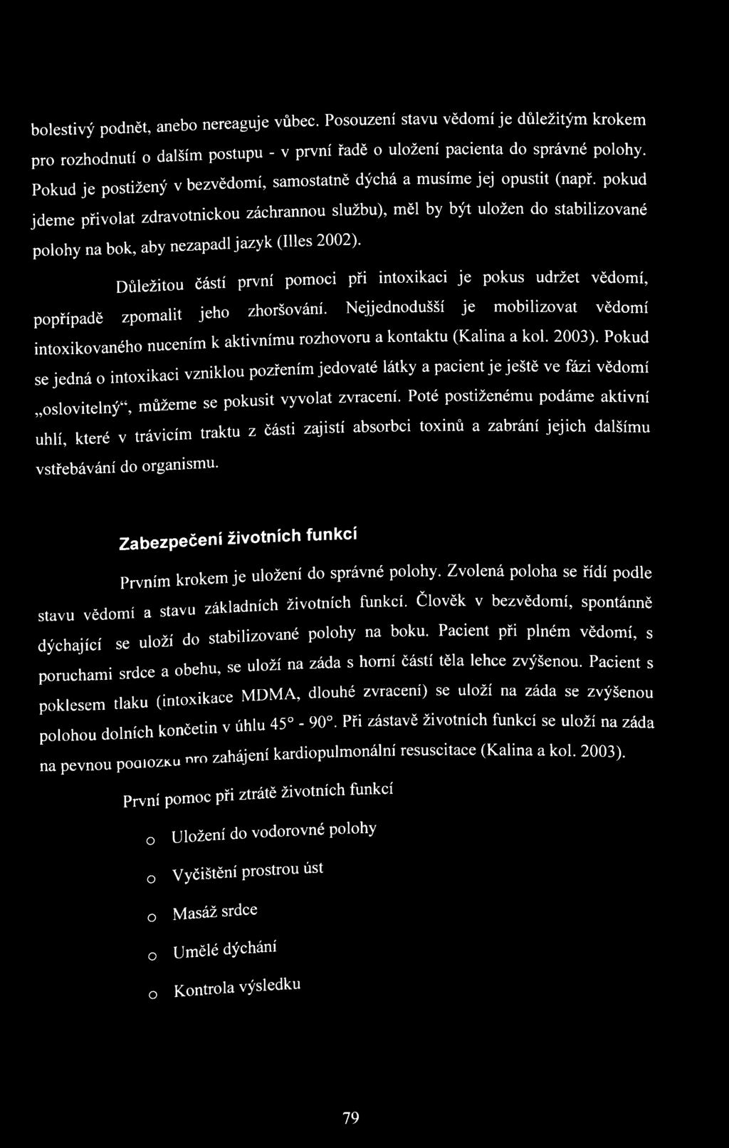 pokud jdeme přivolat zdravotnickou záchrannou službu), měl by být uložen do stabilizované polohy na bok, aby nezapadl jazyk (Hles 2002).